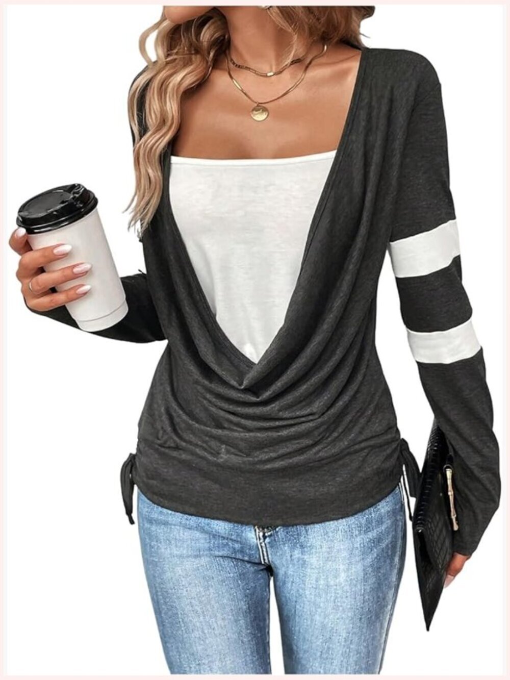 Long Sleeve Cowl Neck Color Block T-Shirt for Going Out